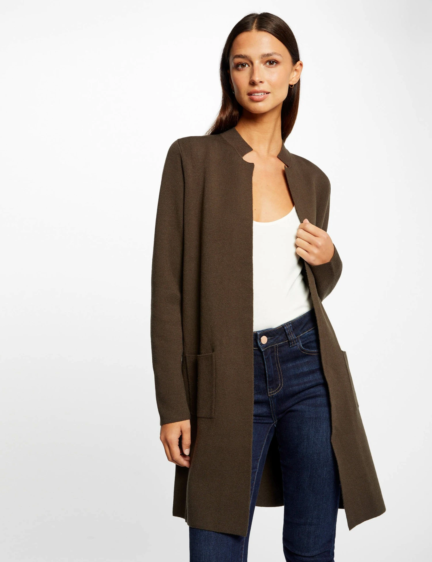 Gilet Long Droit Col Ouvert Vert Fonce Femme 3 Gilet Long Droit Col Ouvert Vert Fonce Femme – Image 3