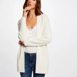 Gilet Long Maille Duveteuse Ivoire Femme