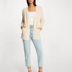 Gilet Long Maille Duveteuse Rose Clair Femme