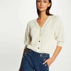 Gilet Manches 3/4 Avec Détails Torsades Beige Femme