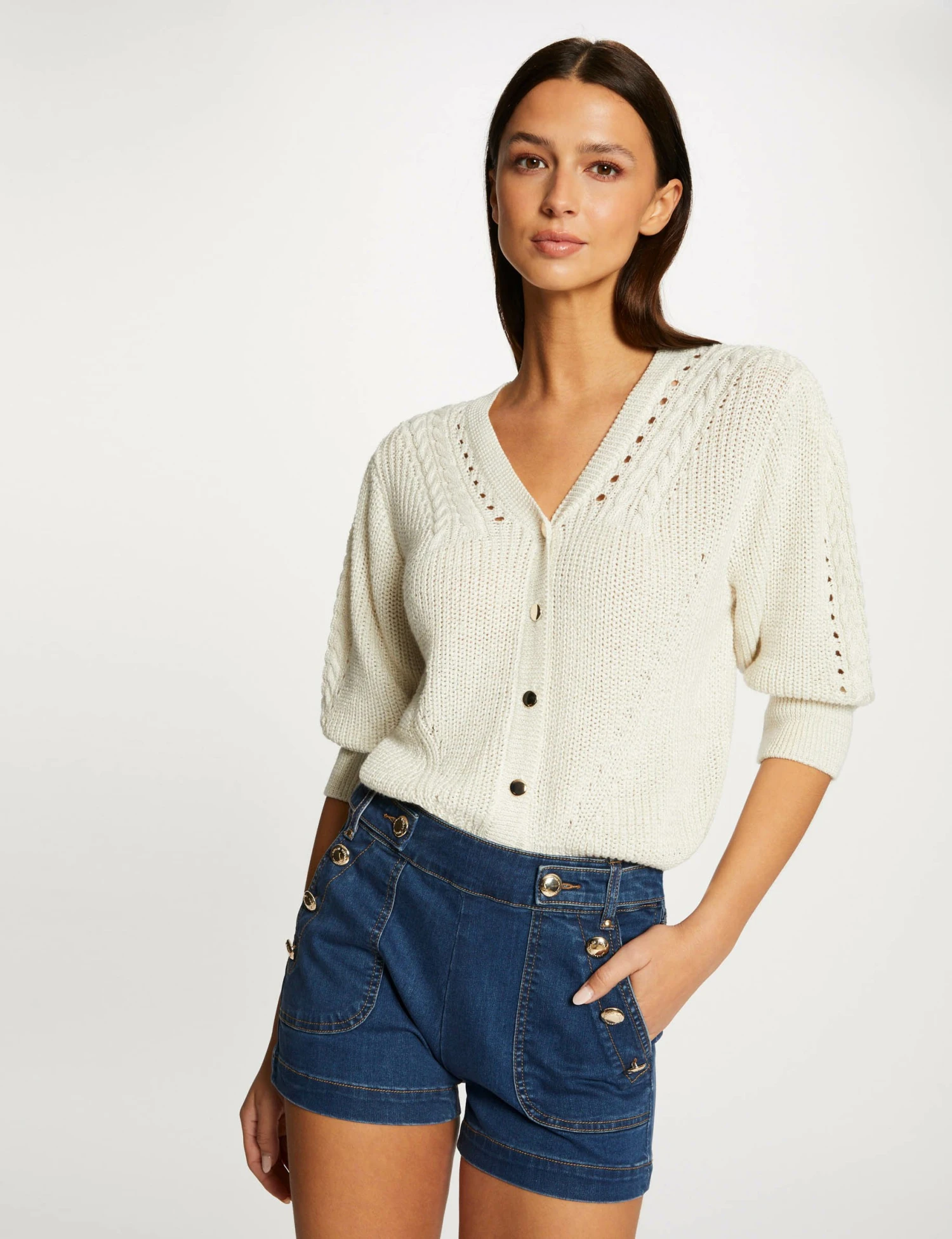 Gilet Manches 3/4 Avec Détails Torsades Beige Femme 1 Gilet Manches 3/4 Avec Détails Torsades Beige Femme