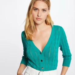 Gilet Manches 3/4 Boutonné Vert Moyen Femme