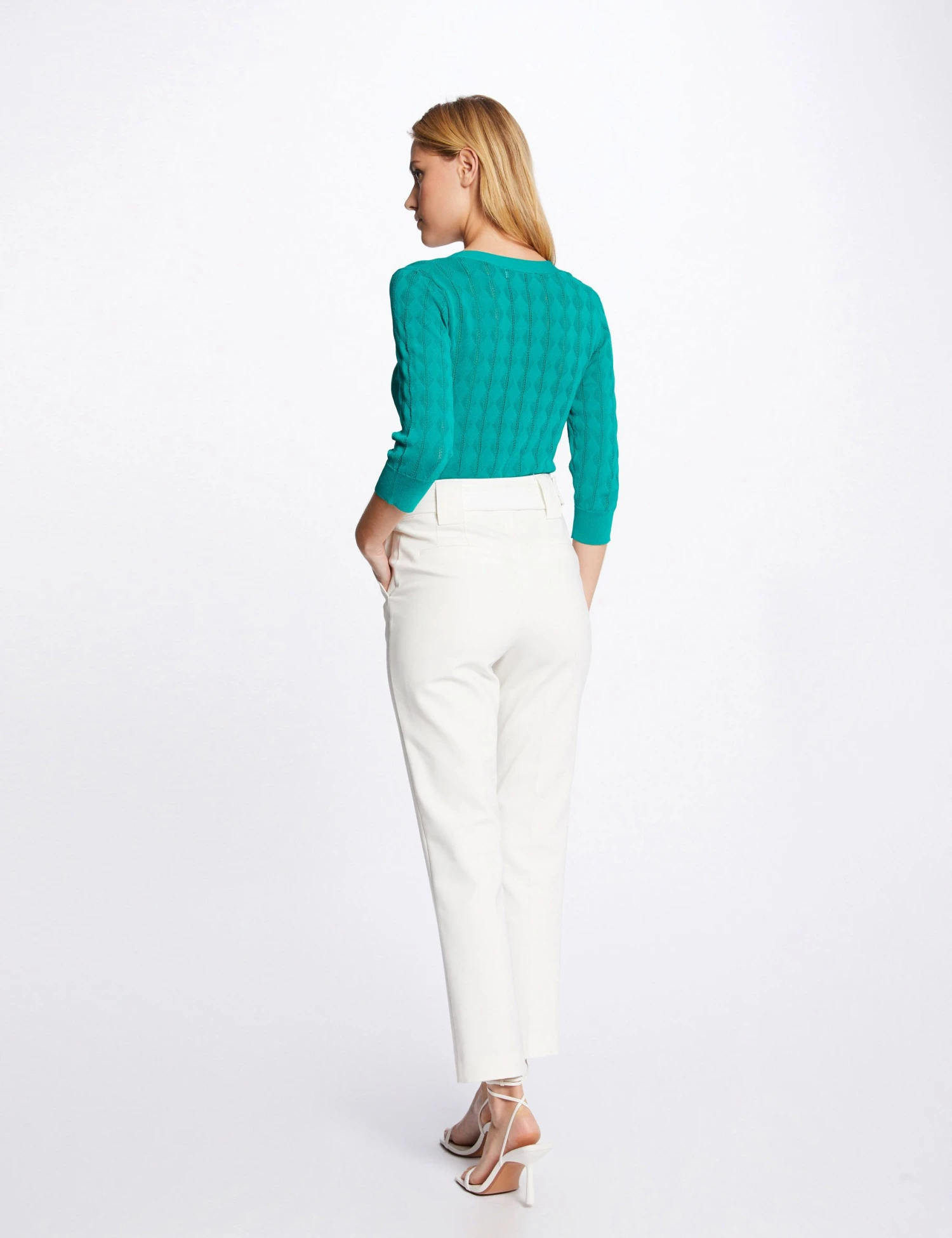 Gilet Manches 3/4 Boutonné Vert Moyen Femme 2 Gilet Manches 3/4 Boutonné Vert Moyen Femme – Image 2