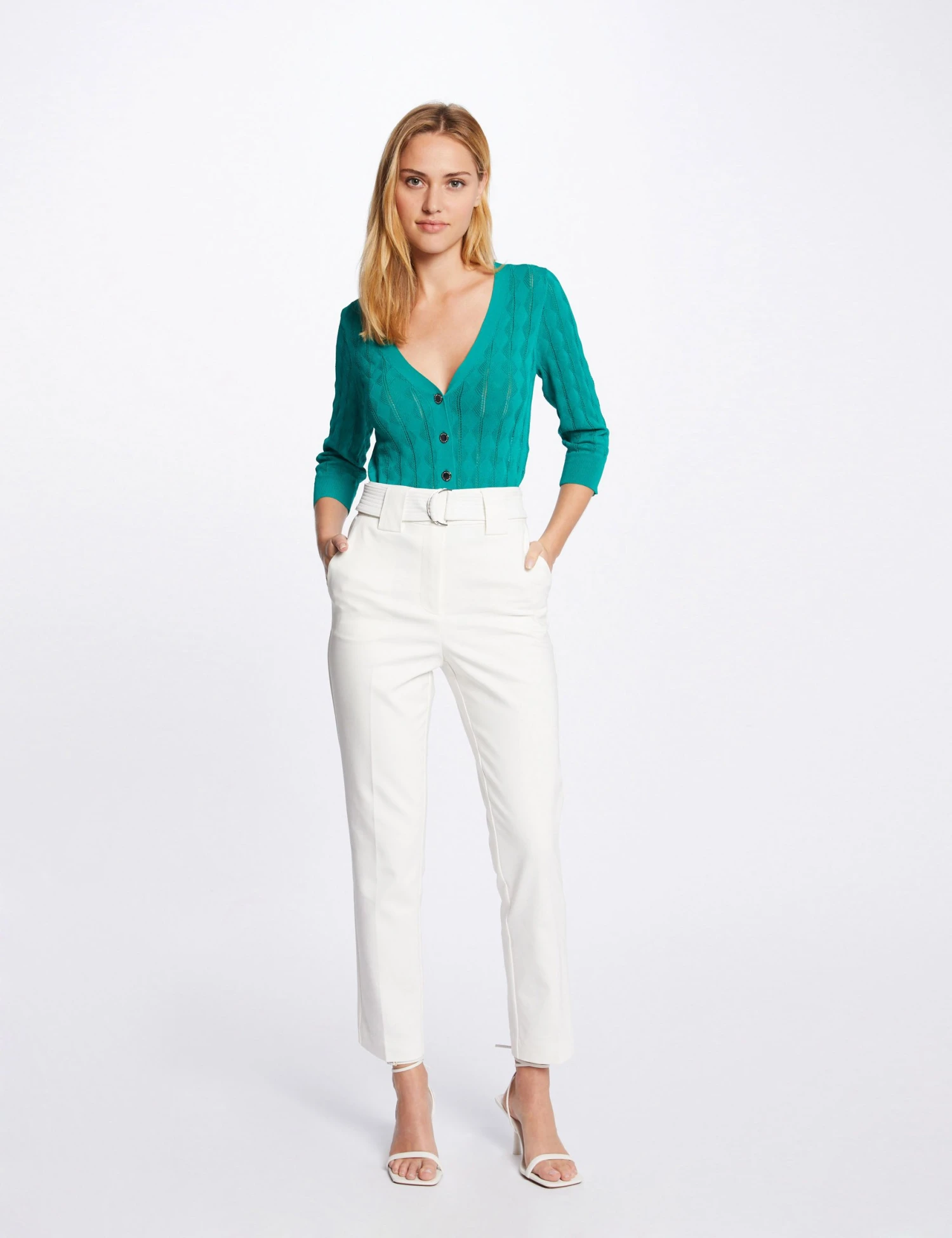 Gilet Manches 3/4 Boutonné Vert Moyen Femme 3 Gilet Manches 3/4 Boutonné Vert Moyen Femme – Image 3