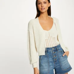 Gilet Manches Longues à Détails Ajourés Beige Femme