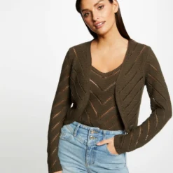 Gilet Manches Longues à Détails Ajourés Vert Kaki Femme