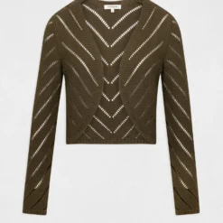 Gilet Manches Longues à Détails Ajourés Vert Kaki Femme -Morgandetoi Boutique gilet manches longues a details ajoures vert kaki femme vue3 32536300899420715