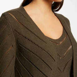 Gilet Manches Longues à Détails Ajourés Vert Kaki Femme -Morgandetoi Boutique gilet manches longues a details ajoures vert kaki femme vue4 32536300899420715