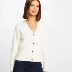 Gilet Manches Longues Avec Col En V Ivoire Femme -Morgandetoi Boutique gilet manches longues avec col en v ivoire femme vue5 32536300923290203