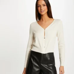 Gilet Manches Longues Boutonné Ecru Moyen Femme