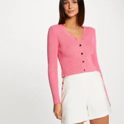 Gilet Manches Longues Boutonné Rose Femme