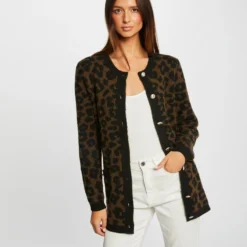 Gilet Mi-long Imprimé Léopard Noir Femme