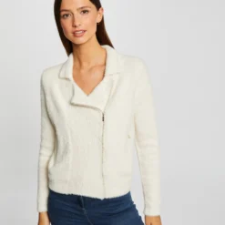 Gilet Zippé Maille Duveteuse Ivoire Femme