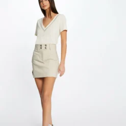 Jupe Droite Avec Boutons Beige Femme