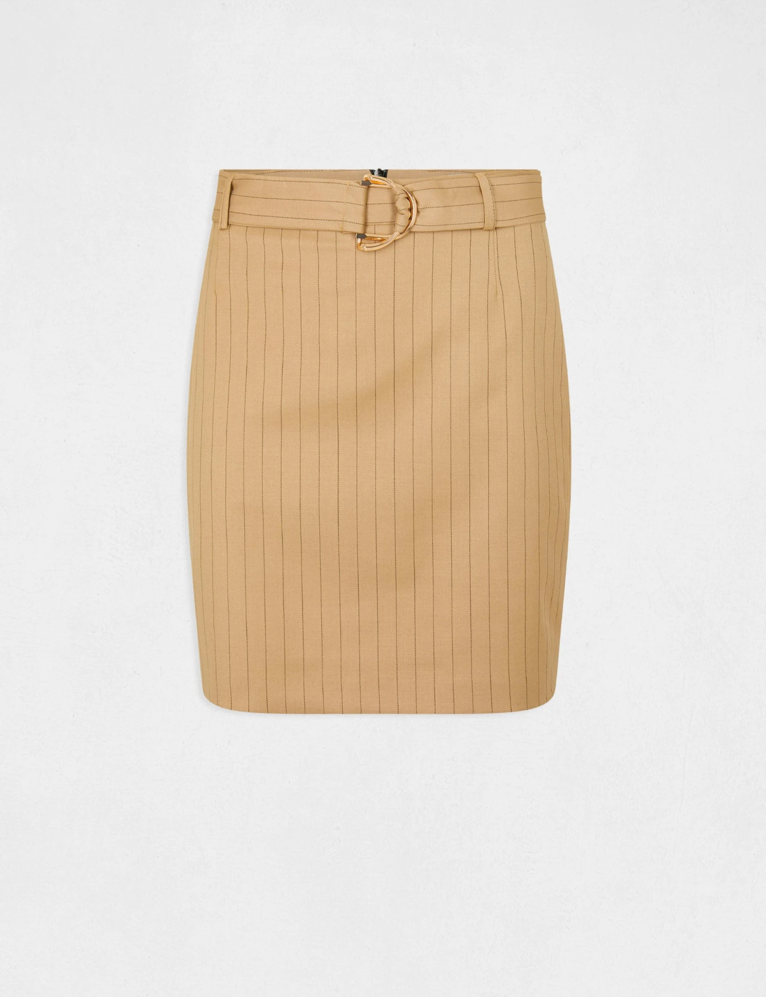 Jupe Droite Ceinturée à Rayures Beige Femme 4 Jupe Droite Ceinturée à Rayures Beige Femme – Image 4