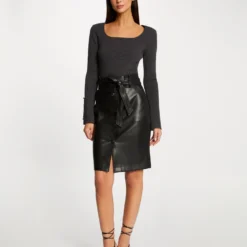 Jupe Droite Ceinturée Simili Cuir Noir Femme