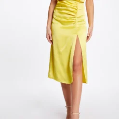 Jupe Droite Satin Fendue Jaune Moyen Femme -Morgandetoi Boutique jupe droite satin fendue jaune moyen femme vue5 32536300947030406