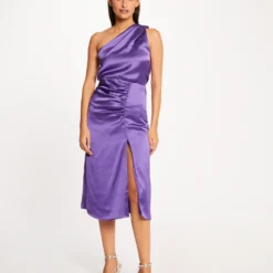 Jupe Droite Satin Fendue Violet Femme