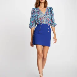 Jupe Droite Taille Haute Avec Boutons Bleu Electrique Femme