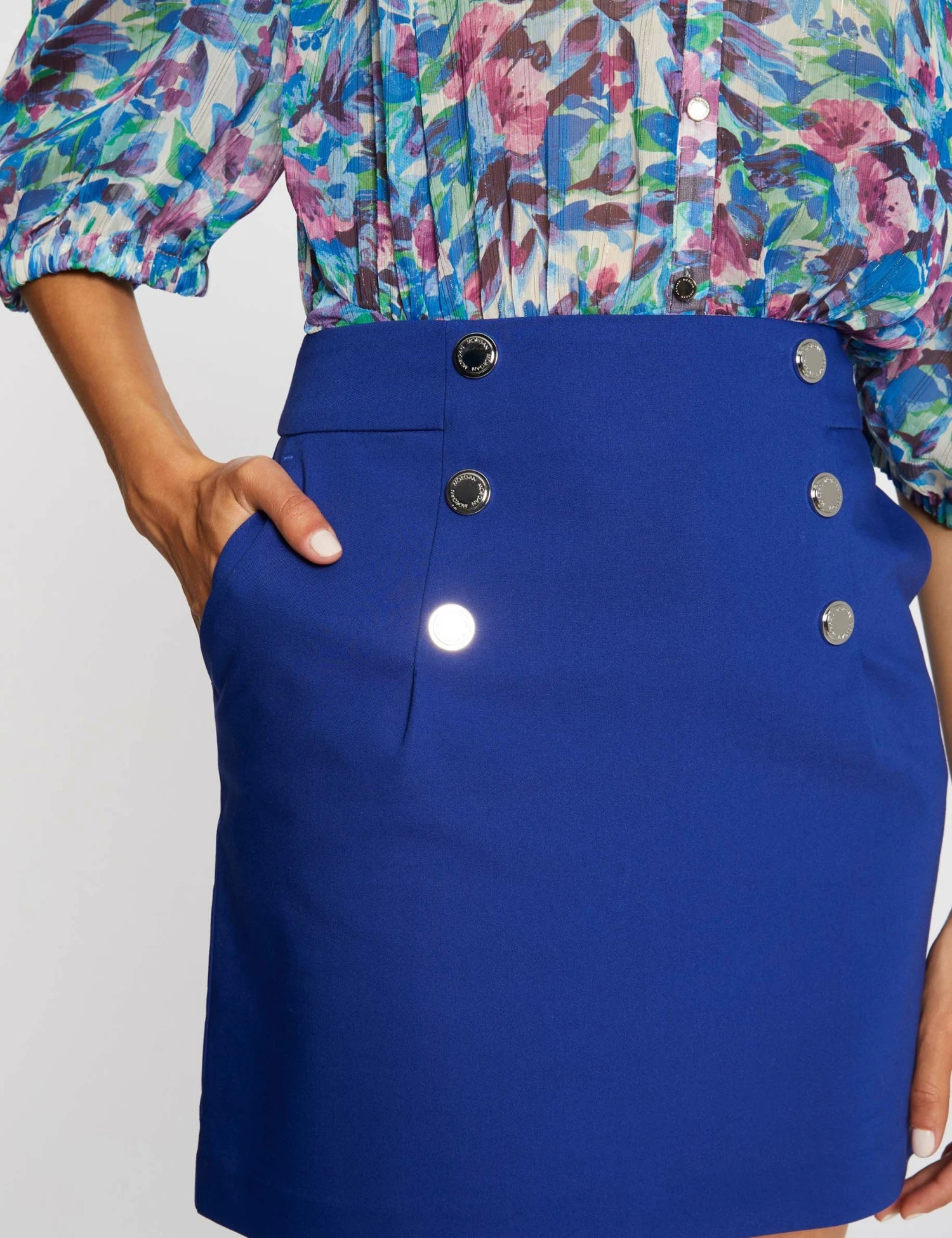 Jupe Droite Taille Haute Avec Boutons Bleu Electrique Femme 5 Jupe Droite Taille Haute Avec Boutons Bleu Electrique Femme – Image 5