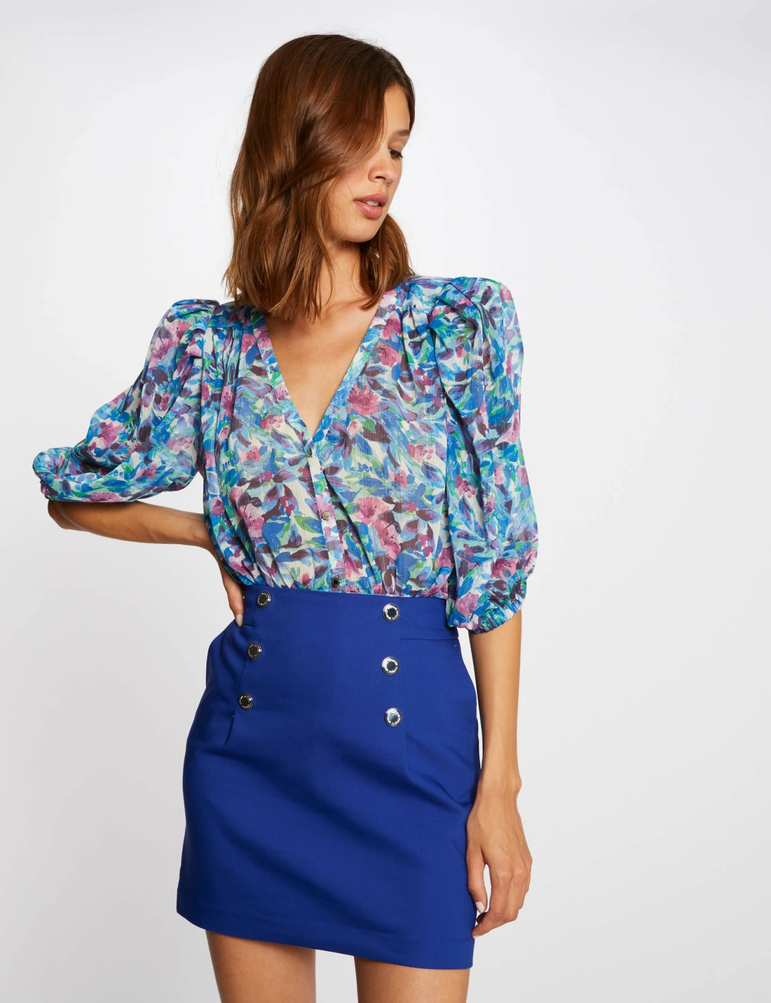 Jupe Droite Taille Haute Avec Boutons Bleu Electrique Femme 3 Jupe Droite Taille Haute Avec Boutons Bleu Electrique Femme – Image 3