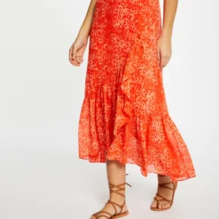 Jupe Longue Portefeuille Imprimé Léopard Orange Femme -Morgandetoi Boutique jupe longue portefeuille imprime leopard orange femme vue5 32536300938130703