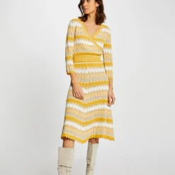 Jupe Midi Droite Tricotée à Rayures Jaune Femme
