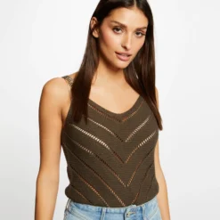 Pull Débardeur à Ornements Métalliques Vert Kaki Femme