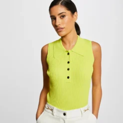 Pull Débardeur Sans Manches Col Polo Anis Femme