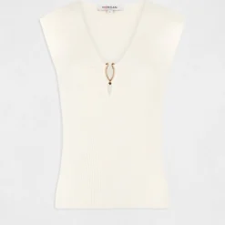 Pull Manches Courtes Col Détail Bijou Ecru Moyen Femme -Morgandetoi Boutique pull manches courtes col detail bijou ecru moyen femme vue3 32536300942750213