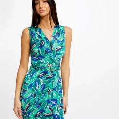 Robe Ajustée à Ornement Imprimé Végétal Vert Femme