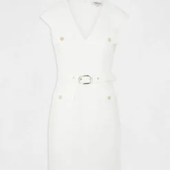 Robe Ajustée Ceinturée Avec Col En V Ecru Femme -Morgandetoi Boutique robe ajustee ceinturee avec col en v ecru femme vue3 32536300931090201