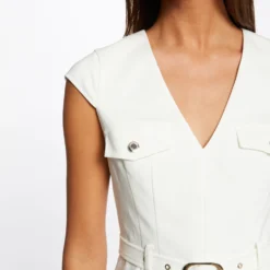Robe Ajustée Ceinturée Avec Col En V Ecru Femme -Morgandetoi Boutique robe ajustee ceinturee avec col en v ecru femme vue4 32536300931090201