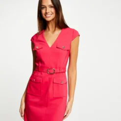 Robe Ajustée Ceinturée Avec Col En V Framboise Femme