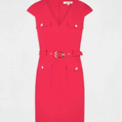 Robe Ajustée Ceinturée Avec Col En V Framboise Femme 9 Robe Ajustée Ceinturée Avec Col En V Framboise Femme -Morgandetoi Boutique robe ajustee ceinturee avec col en v framboise femme vue3 32536300931090502