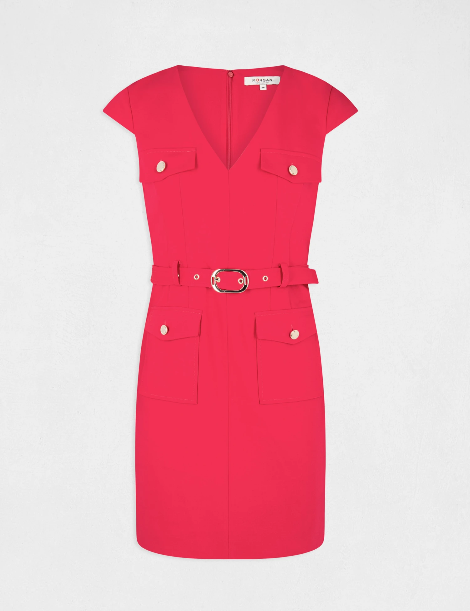 Robe Ajustée Ceinturée Avec Col En V Framboise Femme 5 Robe Ajustée Ceinturée Avec Col En V Framboise Femme – Image 5