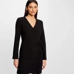Robe Ajustée Drapée à Volants Noir Femme