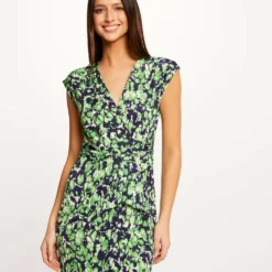 Robe Ajustée Drapée Imprimé Abstrait Vert Femme