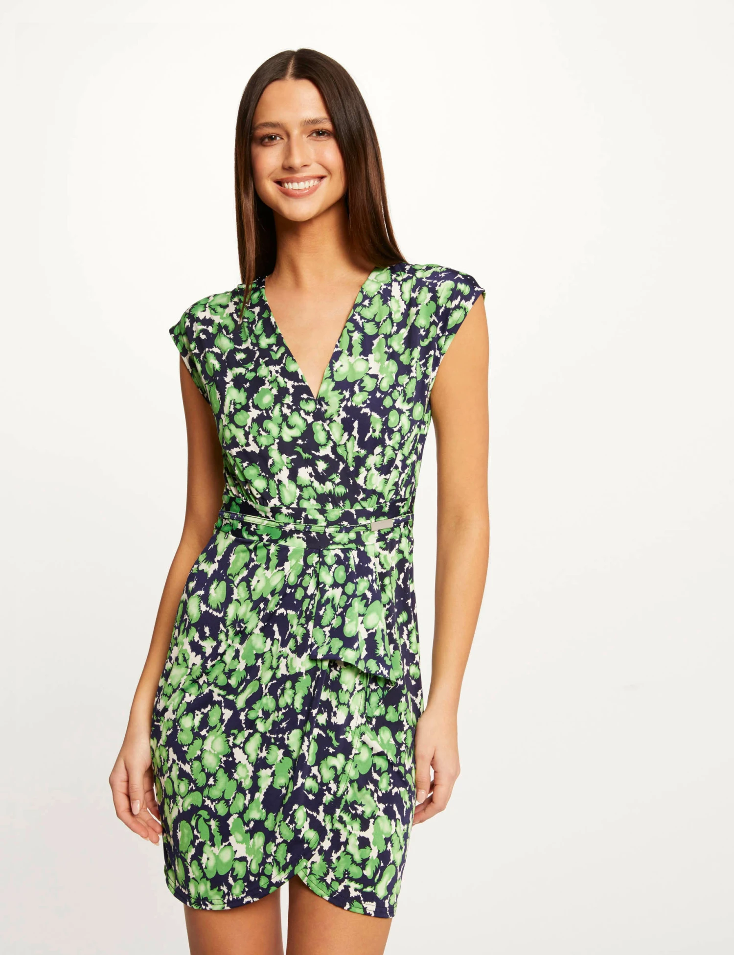 Robe Ajustée Drapée Imprimé Abstrait Vert Femme 1 Robe Ajustée Drapée Imprimé Abstrait Vert Femme