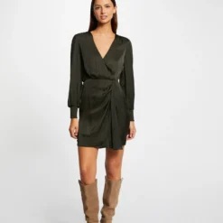 Robe Cintrée Drapée Satin Vert Fonce Femme