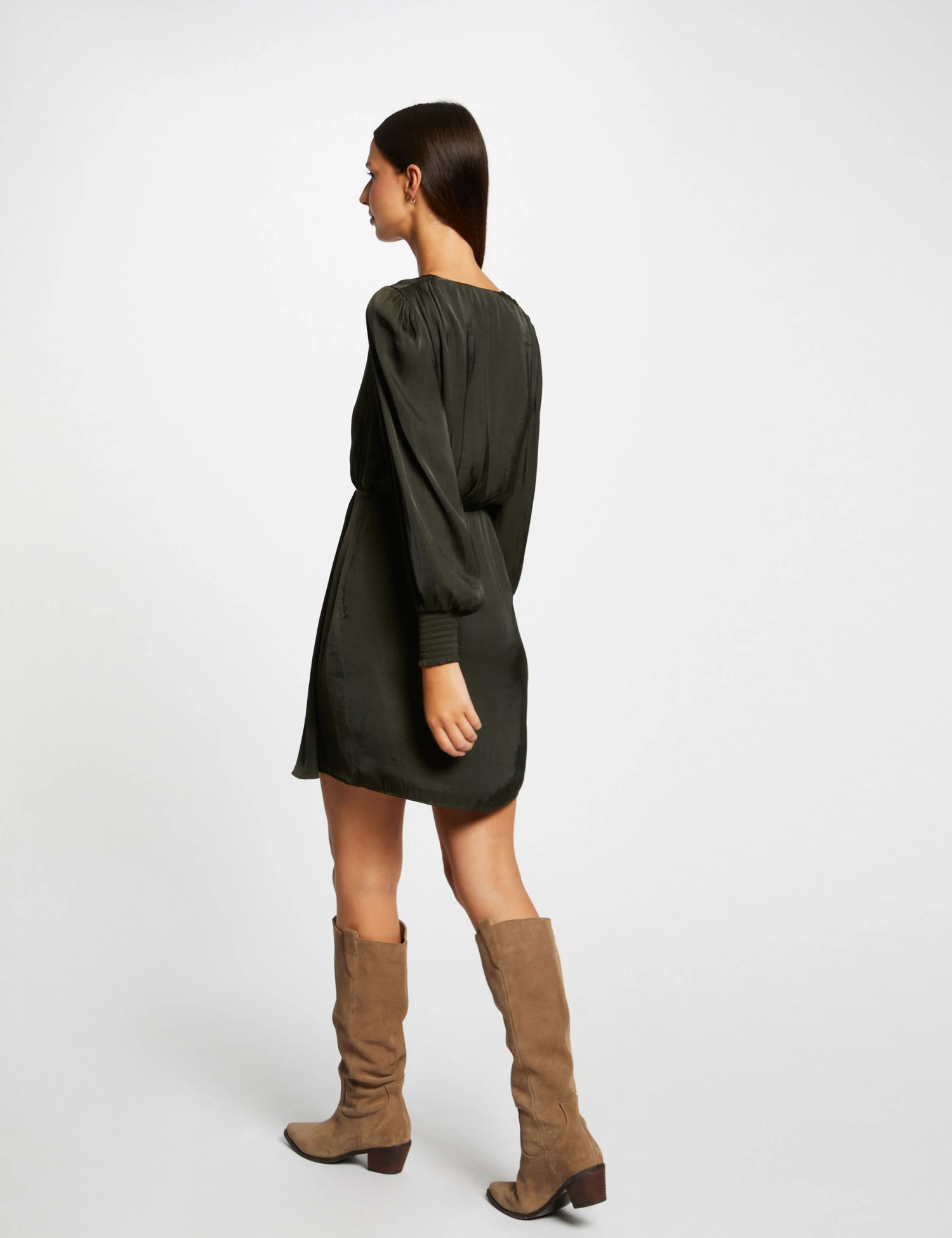 Robe Cintrée Drapée Satin Vert Fonce Femme 2 Robe Cintrée Drapée Satin Vert Fonce Femme – Image 2