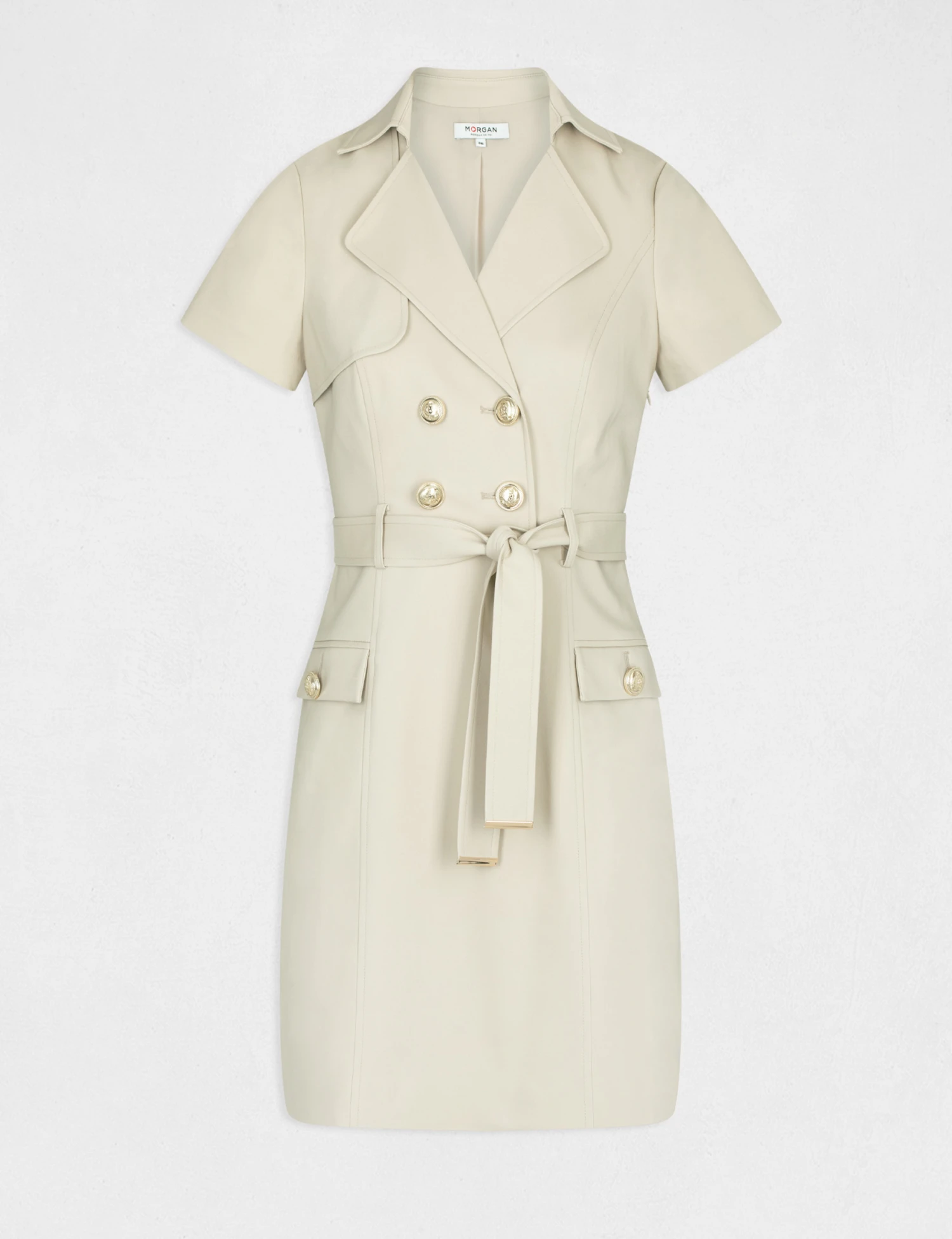 Robe Droite Boutonnée Ceinturée Beige Femme 5 Robe Droite Boutonnée Ceinturée Beige Femme – Image 5
