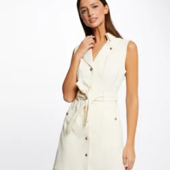 Robe Droite Boutonnée Ceinturée Ecru Moyen Femme