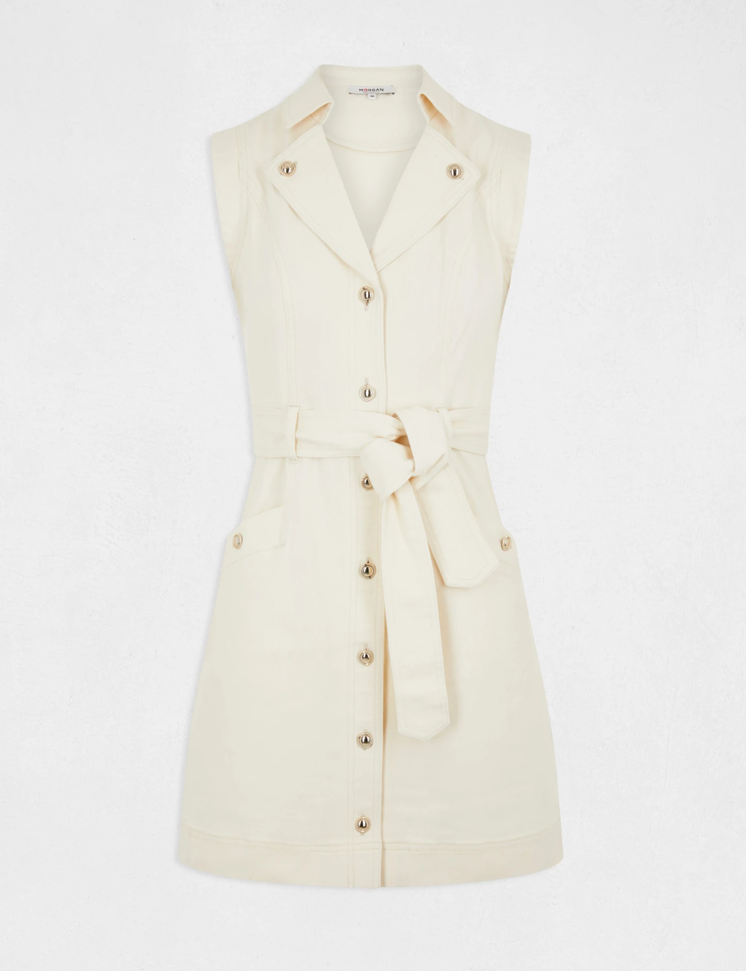Robe Droite Boutonnée Ceinturée Ecru Moyen Femme 5 Robe Droite Boutonnée Ceinturée Ecru Moyen Femme – Image 5