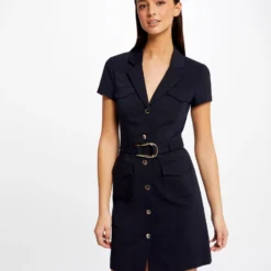 Robe Droite Boutonnée Ceinturée Marine Femme