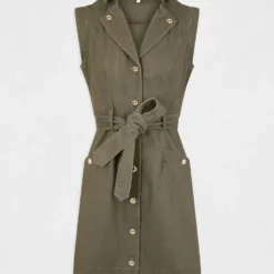 Robe Droite Boutonnée Ceinturée Vert Kaki Femme -Morgandetoi Boutique robe droite boutonnee ceinturee vert kaki femme vue3 32536300930990715