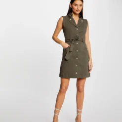 Robe Droite Boutonnée Ceinturée Vert Kaki Femme -Morgandetoi Boutique robe droite boutonnee ceinturee vert kaki femme vue5 32536300930990715