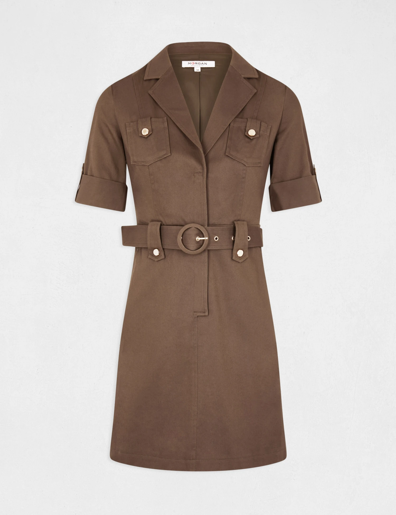 Robe Droite Ceinturée à Manches Courtes Vert Kaki Femme 4 Robe Droite Ceinturée à Manches Courtes Vert Kaki Femme – Image 4