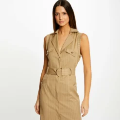 Robe Droite Ceinturée à Rayures Sable Femme