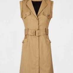 Robe Droite Ceinturée à Rayures Sable Femme -Morgandetoi Boutique robe droite ceinturee a rayures sable femme vue3 32536300930310205